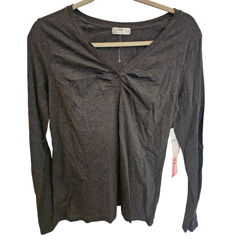 Popular 21 Maternity Shirt Charcoal Gray Long Sleeve V-Neck Top Size S NWT